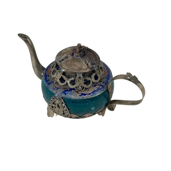Antique Cloisonné Teapot With Silver-Plated Details & Intricate Design - Picture 9 of 9
